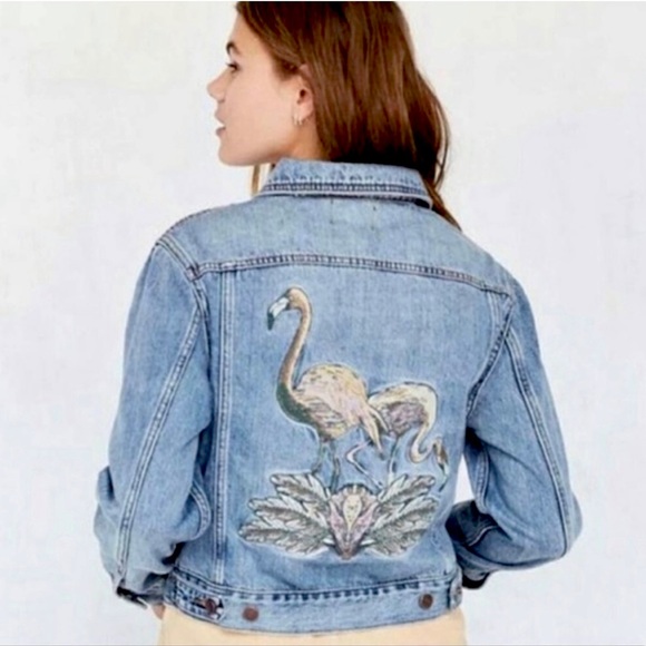 BDG Denim Oversized semi-Cropped Jacket Embroidered Flamingo Size Extra Small